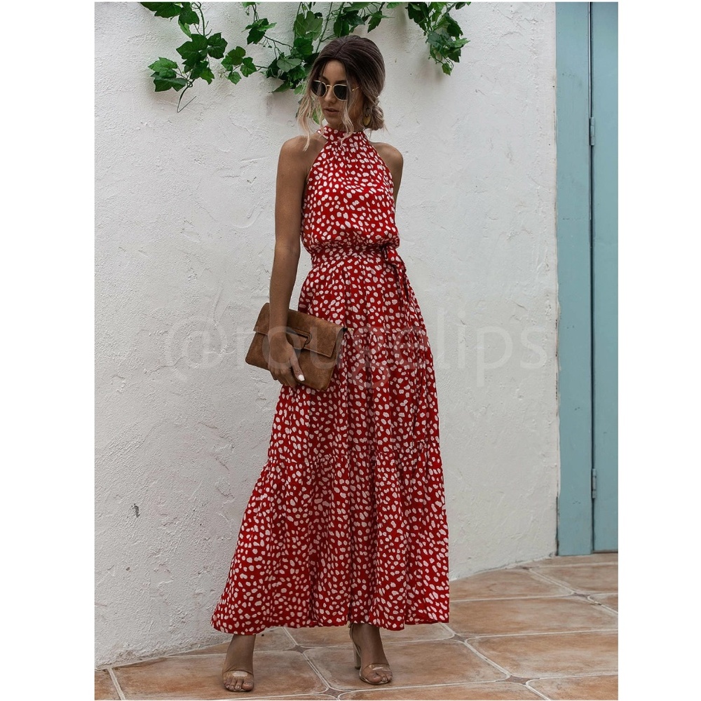Spotted Print Maxi Dress Tie Belt High Neck White Red Long Flared Halter - Picture 3 of 11